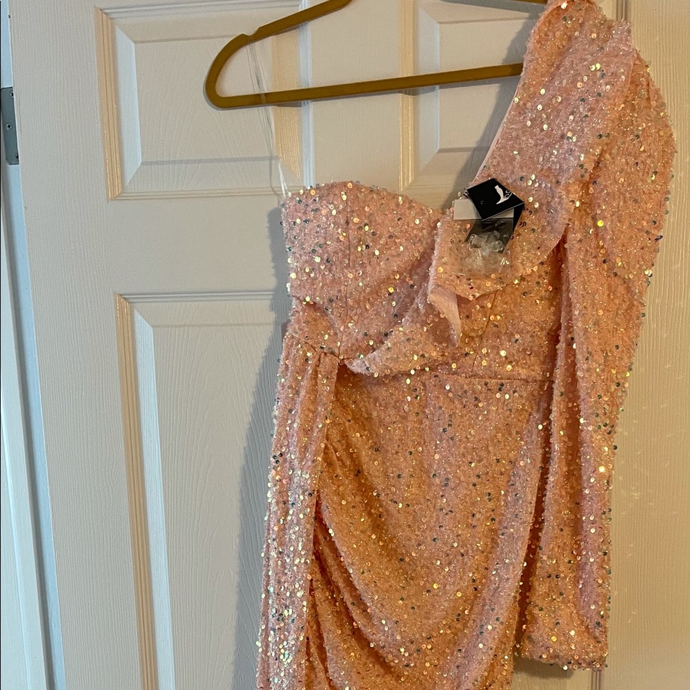 Missord One Shoulder Pink Split Thigh Sequin Prom Dress - Size M
